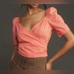 Anthropologie Cotton Coral Faux Wrap Puff Sleeve Blouse - Size XXS